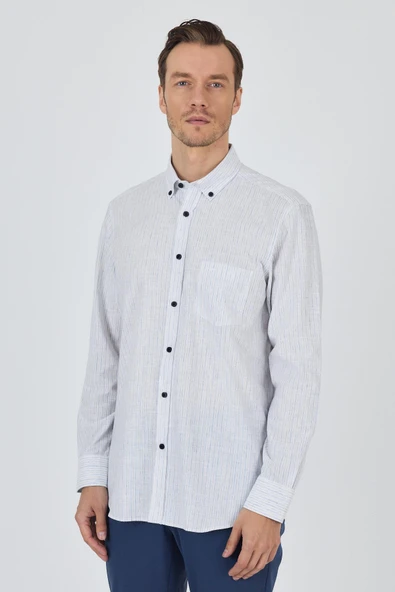 Mavi Kol Çizgili Desen Bez Ayağı Düğmeli Yaka cepli Pamuklu Casual Comfort Fit Gömlek 1004250100 ürün görseli 1
