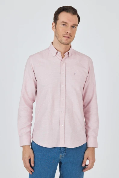 Pembe Kol Desenli Armürlü Düğmeli Yaka Cepsiz Pamuklu Classic Slim Fit Gömlek 1004250204 ürün görseli 1