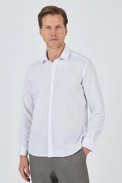 Beyaz Uzun Kol Desenli Armürlü Sert Yaka Cepsiz Pamuklu Classic Slim Fit Gömlek 1004250208 ürün görseli 1