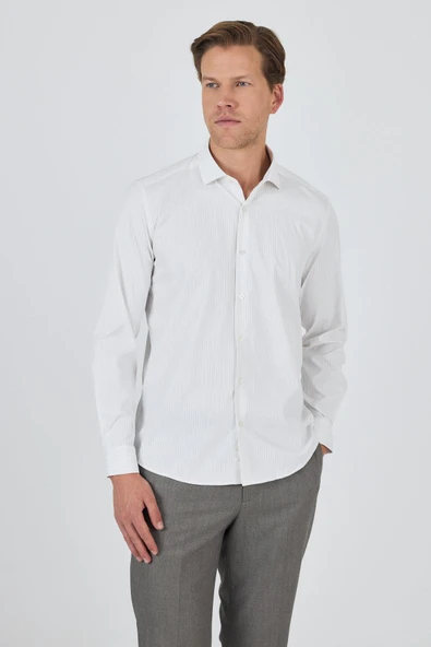 Beyaz Uzun Kol Çizgili Desen Bez Ayağı İtalyan Yaka Cepsiz Esnek Classic Slim Fit Gömlek 1004250202 ürün görseli 1