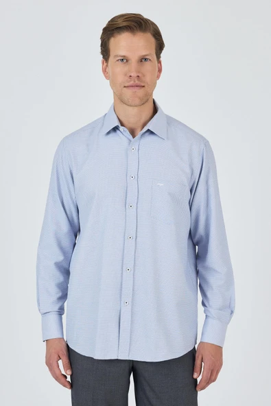 Lacivert Sert Yaka Kendinden Desenli Classic Pamuklu Comfort Fit Gömlek 1004250220 ürün görseli 1