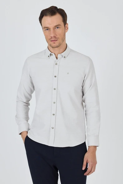 Bej Uzun Kol Desenli Armürlü Düğmeli Yaka Cepsiz Pamuklu Classic Slim Fit Gömlek 1004250205 ürün görseli 1