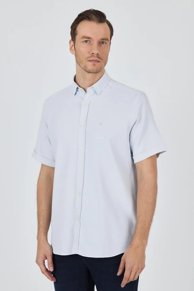 Mavi Biritli Yaka Düz Casual Pamuklu Comfort Fit Gömlek 1004250221 ürün görseli 1
