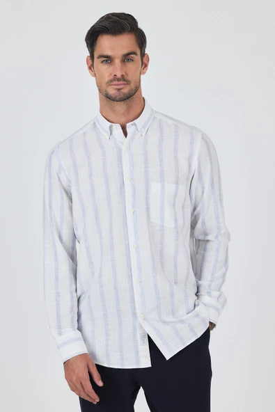Beyaz Kol Çizgili Desen Bez Ayağı Düğmeli Yaka cepli Pamuklu Casual Comfort Fit Gömlek 1004250190 ürün görseli 1