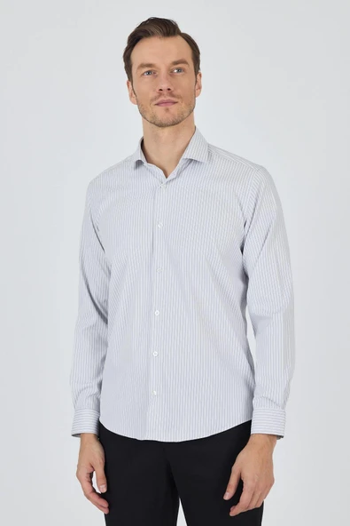 Beyaz Kol Çizgili Desen Bez Ayağı Sert Yaka Cepsiz Esnek Classic Slim Fit Gömlek 1004250159 ürün görseli 1