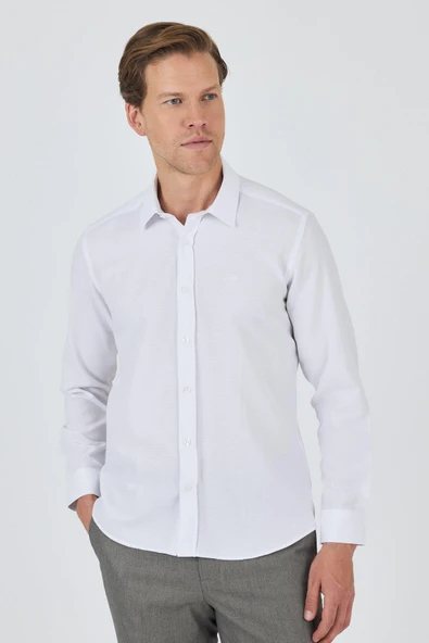 Beyaz Kol Desenli Armürlü Sert Yaka Cepsiz Pamuklu Classic Slim Fit Gömlek 1004250191 ürün görseli 1