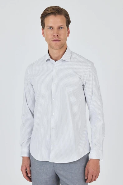 Beyaz Kol Çizgili Desen Bez Ayağı Sert Yaka Cepsiz Esnek Classic Slim Fit Gömlek 1004250159 ürün görseli 1