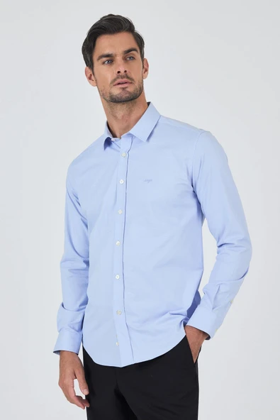 Mavi Kol Düz Bez Ayağı Sert Yaka Cepsiz Pamuklu Classic Slim Fit Gömlek 1004250195 ürün görseli 1