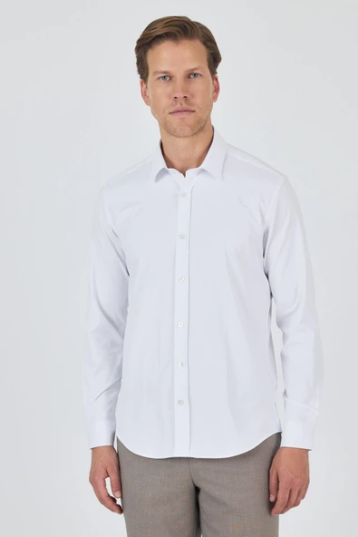 Beyaz Kol Düz Bez Ayağı Sert Yaka Cepsiz Pamuklu Classic Slim Fit Gömlek 1004250211 ürün görseli 1