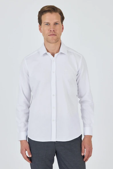 Beyaz Kol Desenli Armürlü Sert Yaka Cepsiz Pamuklu Classic Slim Fit Gömlek 1004250185 ürün görseli 1