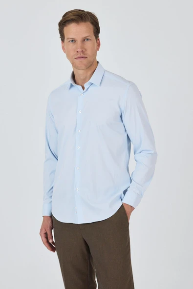 Mavi Sert Yaka Cepsiz Gabardin Uzun Kol Slim Fit Esnek Gömlek 1004250234 ürün görseli 1