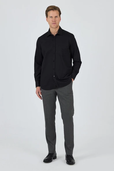 Siyah Kol Desenli Armürlü Sert Yaka cepli Pamuklu Classic Comfort Fit Gömlek 1004250178 ürün görseli 1