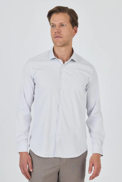 Beyaz Uzun Kol Çizgili Desen Bez Ayağı İtalyan Yaka Cepsiz Esnek Classic Slim Fit Gömlek 1004250202 ürün görseli 1