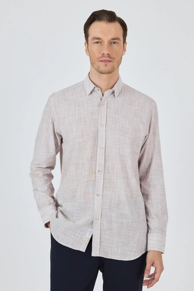Kahverengi Uzun Kol Cepsiz Pamuk Casual Comfort Fit Gömlek 1004250127 ürün görseli 1