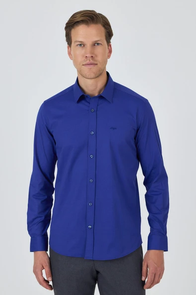 Saks Kol Düz Bez Ayağı Sert Yaka Cepsiz Pamuklu Classic Slim Fit Gömlek 1004250195 ürün görseli 1