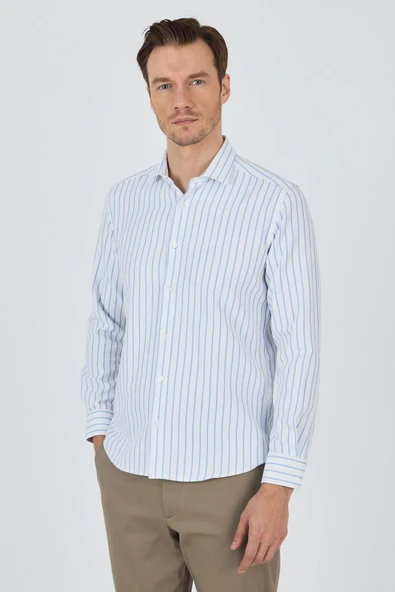 Mavi Yarım İtalyan Yaka Çizgili Desen Casual Slim Fit Gömlek 1004250216 ürün görseli 1