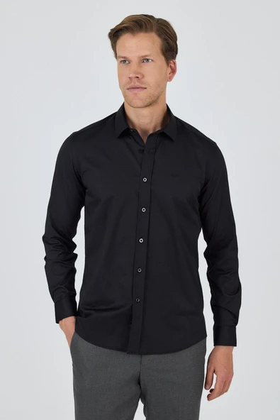 Siyah Kol Düz Bez Ayağı Sert Yaka Cepsiz Pamuklu Classic Slim Fit Gömlek 1004250195 ürün görseli 1