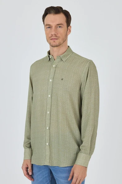 Haki Uzun Kol Alttan Biritli Yaka Cepsiz Keten Casual Comfort Gömlek 1004250112_408 ürün görseli 1