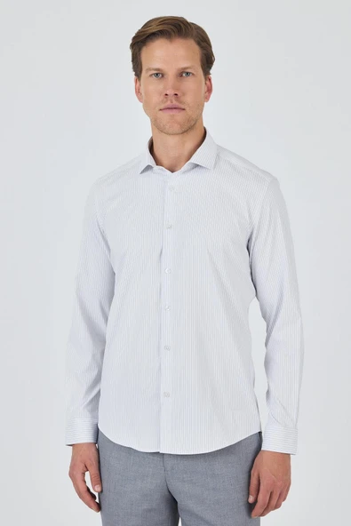 Beyaz Uzun Kol Çizgili Desen Bez Ayağı İtalyan Yaka Cepsiz Esnek Classic Slim Fit Gömlek 1004250202 ürün görseli 1
