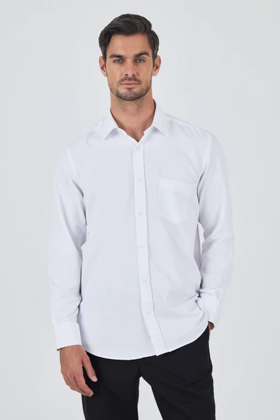 Beyaz Kol Desenli Armürlü Sert Yaka cepli Pamuklu Classic Comfort Fit Gömlek 1004250178 ürün görseli 1