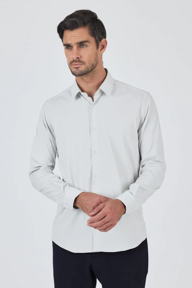 Beyaz Sert Yaka Cepsiz Gabardin Uzun Kol Slim Fit Esnek Gömlek 1004250229 ürün görseli 1