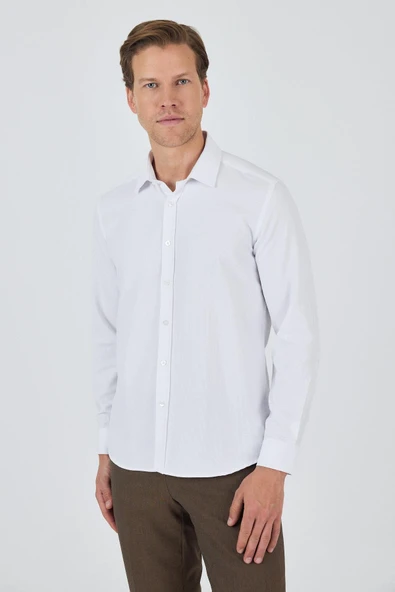 Beyaz Uzun Kol Desenli Armürlü Sert Yaka Cepsiz Pamuklu Classic Slim Fit Gömlek 1004250194 ürün görseli 1