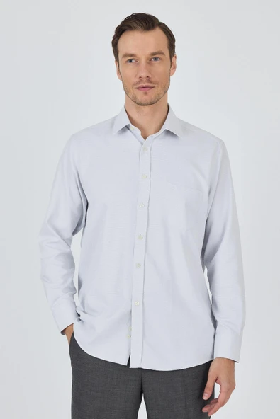 Gri Kol Desenli Armürlü Sert Yaka cepli Pamuklu Classic Comfort Fit Gömlek 1004250183 ürün görseli 1