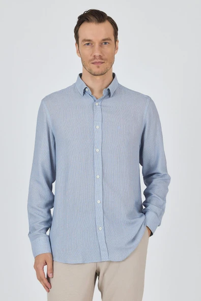 Mavi Uzun Kol Alttan Biritli Yaka Cepsiz Keten Casual Comfort Gömlek 1004250112_408 ürün görseli 1