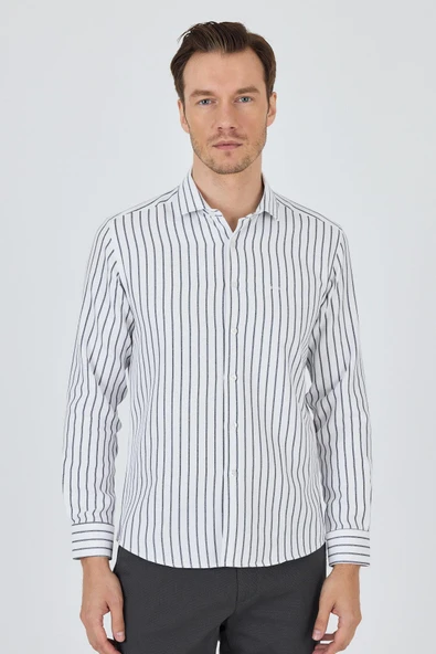 Siyah Yarım İtalyan Yaka Çizgili Desen Casual Slim Fit Gömlek 1004250216 ürün görseli 1