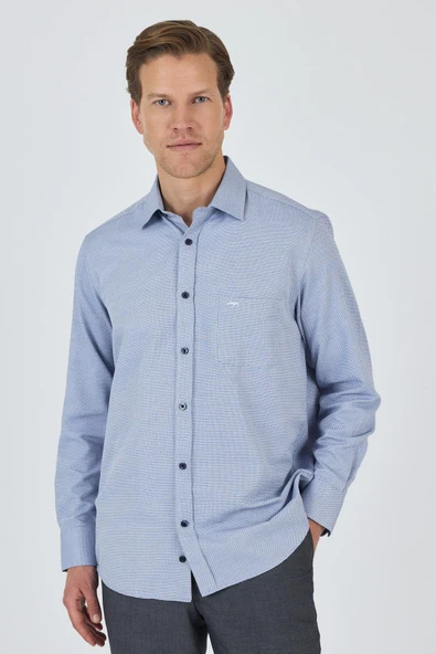 Lacivert Sert Yaka Kendinden Desenli Classic Pamuklu Comfort Fit Gömlek 1004250219 ürün görseli 1
