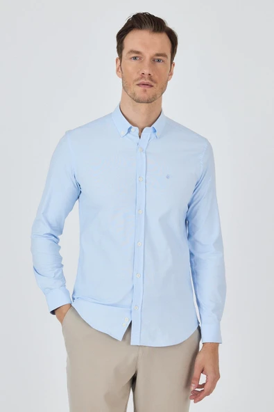 Mavi Kol Düz Bez Ayağı Düğmeli Yaka Cepsiz Pamuklu Casual Slim Fit Gömlek 1004250212 ürün görseli 1