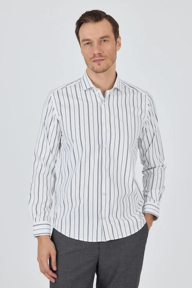 Beyaz Kol Çizgili Desen Bez Ayağı İtalyan Yaka Cepsiz Esnek Classic Slim Fit Gömlek 1004250203 ürün görseli 1