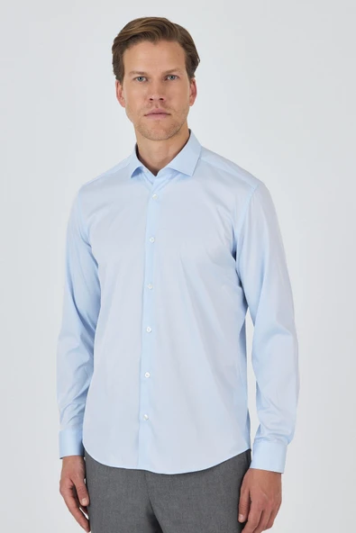 Mavi Kol Düz Bez Ayağı Sert Yaka Cepsiz Pamuklu Classic Slim Fit Gömlek 1004250160 ürün görseli 1
