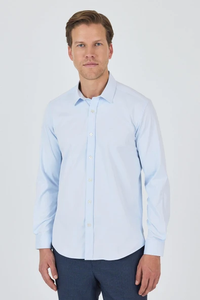 Mavi Kol Düz Bez Ayağı Sert Yaka Cepsiz Pamuklu Classic Slim Fit Gömlek 1004250211 ürün görseli 1