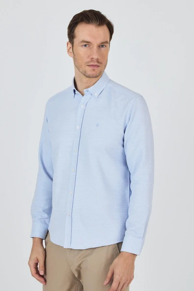 Mavi Kol Desenli Armürlü Düğmeli Yaka Cepsiz Pamuklu Classic Slim Fit Gömlek 1004250204 ürün görseli 1