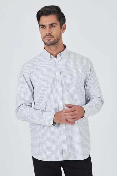 Gri Uzun Kol Kareli Desen Bez Ayağı Düğmeli Yaka cepli Pamuklu Classic Comfort Fit Gömlek 1004250197 ürün görseli 1