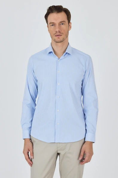 Beyaz Kol Çizgili Desen Bez Ayağı İtalyan Yaka Cepsiz Esnek Classic Slim Fit Gömlek 1004250200 ürün görseli 1