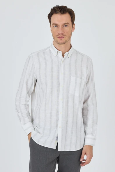 Beyaz Kol Çizgili Desen Bez Ayağı Düğmeli Yaka cepli Pamuklu Casual Comfort Fit Gömlek 1004250190 ürün görseli 1