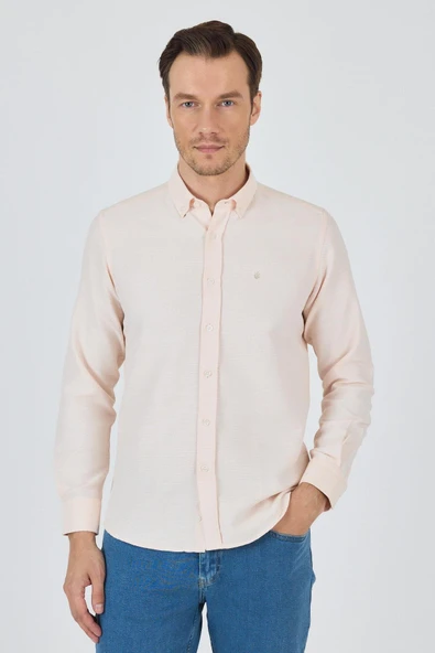 Pembe Uzun Kol Desenli Armürlü Düğmeli Yaka Cepsiz Pamuklu Classic Slim Fit Gömlek 1004250205 ürün görseli 1