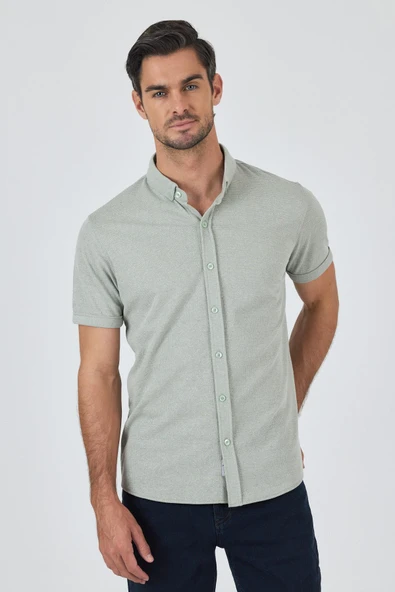 Yeşil Kısa Kol Düz Örme Düğmeli Yaka Cepsiz Pamuklu Classic Slim Fit Gömlek 1004250155 ürün görseli 1