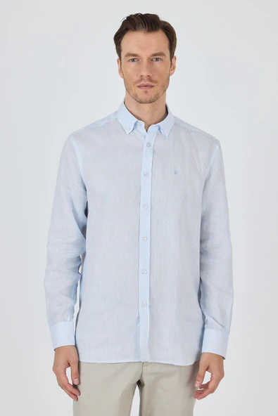 Mavi Kol Düz Keten Düğmeli Yaka Cepsiz Casual Comfort Fit Gömlek 1004250114 ürün görseli 1