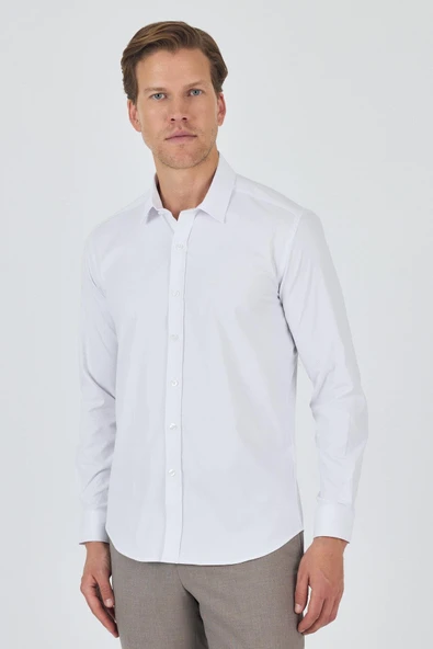 Beyaz Kol Düz Bez Ayağı Sert Yaka Cepsiz Pamuklu Classic Slim Fit Gömlek 1004250195 ürün görseli 1