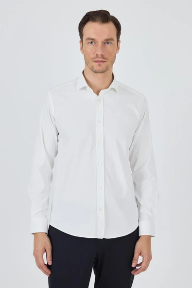 Ekru Yarım İtalyan Yaka Cepsiz Gabardin Uzun Kol Slim Fit Esnek Gömlek 1004250235 ürün görseli 1