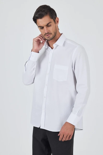 Beyaz Kol Desenli Armürlü Sert Yaka cepli Pamuklu Classic Comfort Fit Gömlek 1004250187 ürün görseli 1