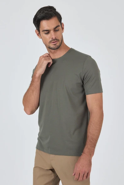 Haki Kısa Kol Bisiklet Yaka Cepsiz Pamuklu Casual Slim Fit Tişört 1011250165 ürün görseli 1