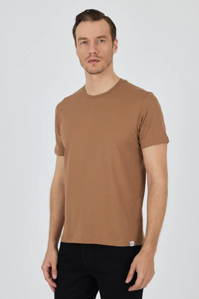 Kahverengi Kısa Kol Bisiklet Yaka Cepsiz Pamuk Casual Slim Fit Tişört 1011250158 ürün görseli 1
