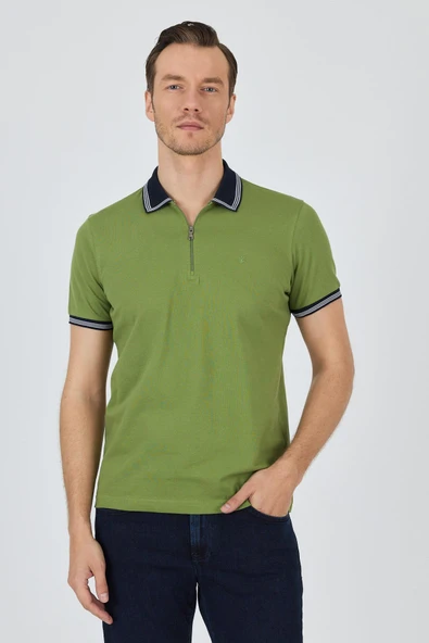 Yeşil Kısa Kol Düz Pike Polo Yaka Cepsiz %100 Pamuk Slim Fit Tişört 1011250130 ürün görseli 1