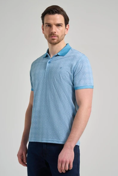 Turkuaz Kısa Kol Baskılı Pike Polo Yaka Cepsiz esnek Casual Slim Fit Tişört 1011250150 ürün görseli 1
