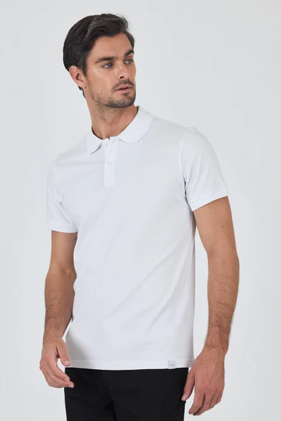 Beyaz Kısa Kol Düz Pike Polo Yaka Cepsiz Pamuk Casual Slim Fit Tişört 1011250157 ürün görseli 1
