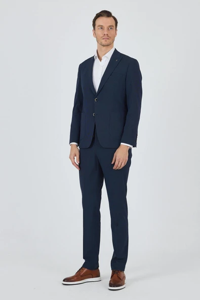Lacivert Kırlangıç Yaka Çizgili Beli Lastikli 6 Drop Slim Fit Esnek Takım Elbise 1001250100 ürün görseli 1